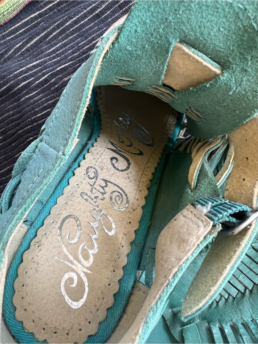 naughty monkey Teal Woven Leather Block Heel Sandals - Picture 2 of 9